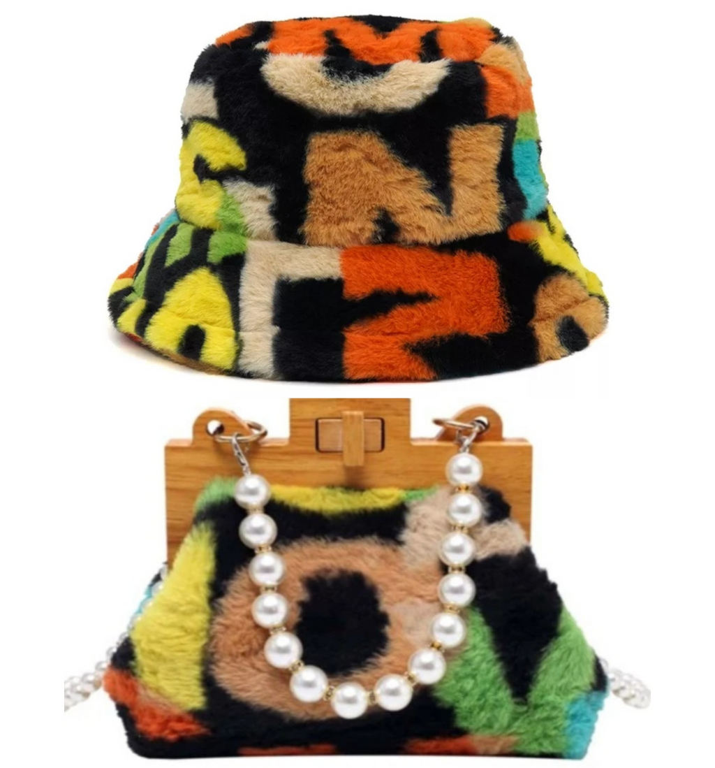 Woody Faux Pearl Handbag & Furry Faux Bucket Hat